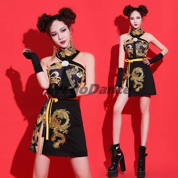 Ženske Jazz Kostum Seksi Črni Kitajski Slog Pevka Obleka Za Nočni Klub Gogo Plesalka Obrabe