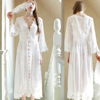 2020 Dolgo ženske svile noč obleke francosko sodišče bele čipke pregleden spalna princesa obleko neveste pižamo porodniškega nightgown