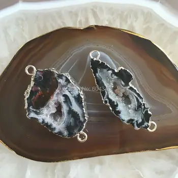 10pcs Narave Black Quartz Geode Gem Kamen Priključki, Srebrne Barve, Kristalno Drusy Geode Obesek Kroglice Ugotovitve