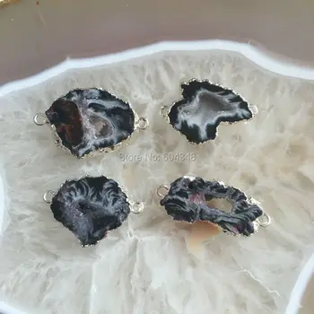 10pcs Narave Black Quartz Geode Gem Kamen Priključki, Srebrne Barve, Kristalno Drusy Geode Obesek Kroglice Ugotovitve