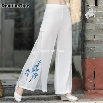 2021 nacionalni slog hlače umetnosti vezenje retro šifon dvojno plast hlače ženske kitajski široko noge dolge hlače