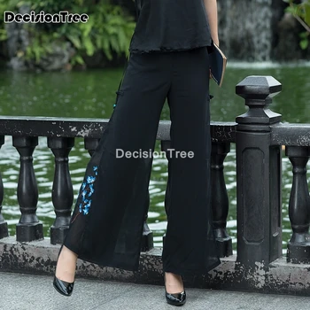 2021 nacionalni slog hlače umetnosti vezenje retro šifon dvojno plast hlače ženske kitajski široko noge dolge hlače