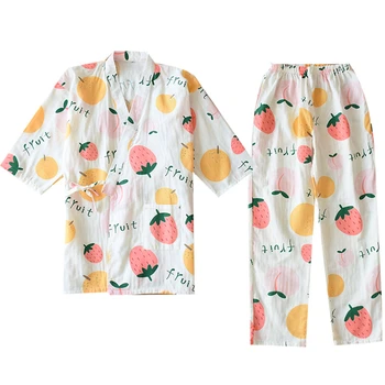 2PCS Japonski Slog Ženske Pižame Kimono Sleepwear Kawaii Sadje Tiskanja Nightgown Priložnostne Bombaž Yukata Prosti čas kopalni plašč