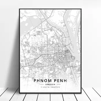 Battambang Phnom Penh Kambodža Platno Art Map Plakat