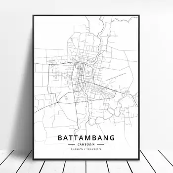 Battambang Phnom Penh Kambodža Platno Art Map Plakat