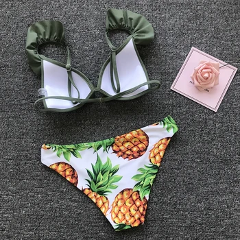 Seksi Dekle Push Up Bikini Komplet V Vratu Ruffle Ženske Dva Kosa Kopalke Brazilski Tiskanja Kopalke Ženske kopalke Plaža Obrabe, XL