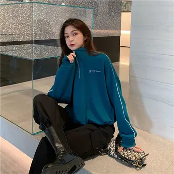 Majica ženske 2020 svoboden korejski slog kratke harajuku hoodie jeseni, pozimi stand-up ovratnik zadrgo long sleeve športno jakno