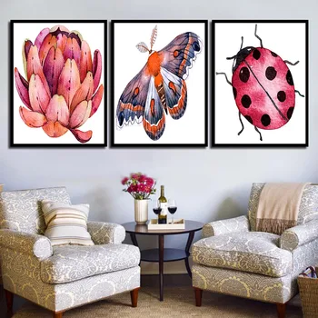 Sodobna Živali Sedem samem Ladybug In Lotus Platno Barvanje, Tiskanje Plakatov Slika Domov Wall Art Okras Lahko po Meri