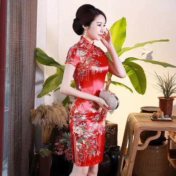 2019 Ženska Kratka Cheongsam Moda Kitajski slog Lady Mandarin Ovratnik Rajon Mini Qipao Seksi Slim Stranka Obleko Vestido S-6XL