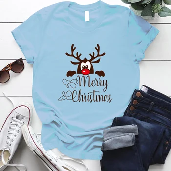 Vesel Božič Majice za Ženske Srčkan Elk Tiskanje Estetska Oblačila Vrhovi Holiday Plus Velikost S-5xl Darilo za Lady Ženska T Srajce