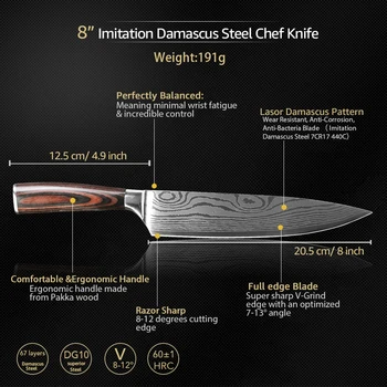 Kuhinjski Noži Kuhar Set Nožev 7CR17 440C Visoko vsebnostjo Ogljika iz Nerjavečega Jekla Damask Risanje Gyuto Cleaver Nastavite Slicer Santoku Nož