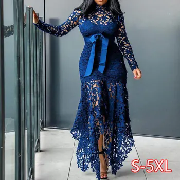 Vintage Stranka Seksi Črne Čipke Dolgo Obleko Plus Velika Velika Velikost M - 4XL Ženske Očesa Votlih Bodycon Modra Afriške Maxi Obleka Ženske