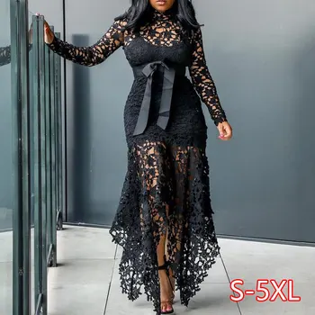Vintage Stranka Seksi Črne Čipke Dolgo Obleko Plus Velika Velika Velikost M - 4XL Ženske Očesa Votlih Bodycon Modra Afriške Maxi Obleka Ženske