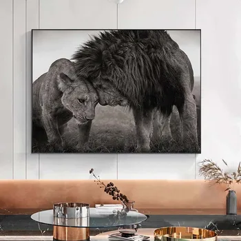 Živali Afriki Lions glavo na Glavo Črno in Belo Platno Umetniško Slikarstvo, Plakatov in Fotografij Stenskih slikah, za dnevno Sobo
