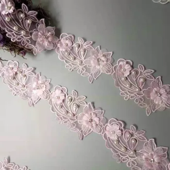 2 metrov Roza Pearl Cvetnih Listov Ročno Beaded Vezene Čipke Rob Trim Traku Aplicirano Poročno Obleko Šivanje Obrti DIY Vroče
