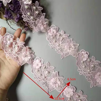 2 metrov Roza Pearl Cvetnih Listov Ročno Beaded Vezene Čipke Rob Trim Traku Aplicirano Poročno Obleko Šivanje Obrti DIY Vroče