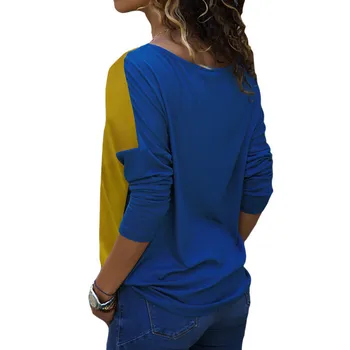 Jeseni 2021 Ženske Dolg Rokav T-Shirt Moda Mozaik Barva Block Majica Bombaž Priložnostne Svoboden Vrhovi Elegantne Dame Urad T-Shirt