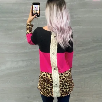 Ženske okoli Vratu Dolg Rokav Leopard Čipke Mozaik Tee T-Shirt Moda 2020 Jeseni Ženska Tshirts Femme T Srajce
