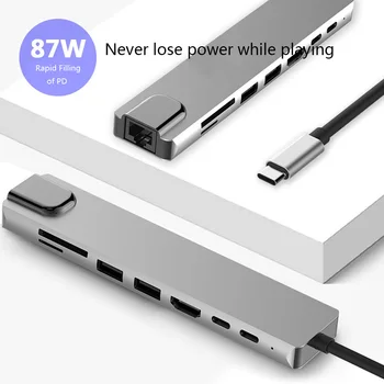 8 v 1 USB-C Pesto iz Aluminija Zlitine HD 2 USB 3.0 Adapter Hub PD Polnjenje SD & TF Card Reader RJ45 100Mbps Ne 1000Mbps