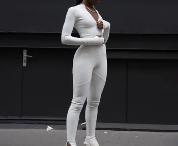 Ulične Belo Črno Pleteno Seksi Bodycon Jumpsuit Ženske 2020 Dolg Rokav Suh Jumpsuit Ženski enega kosa obleko