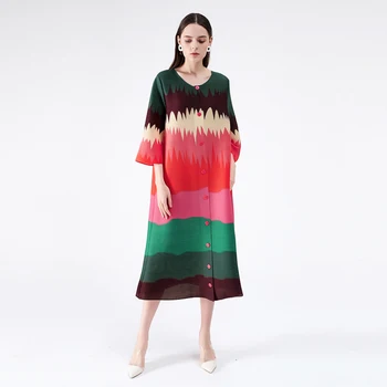 Miyake Nabrano obleko 2020 poletje temperament Slim svoboden kontrast barve Yingshan rdeče tiskanje trak dolgo obleko