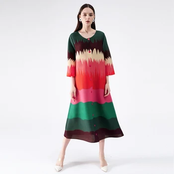 Miyake Nabrano obleko 2020 poletje temperament Slim svoboden kontrast barve Yingshan rdeče tiskanje trak dolgo obleko