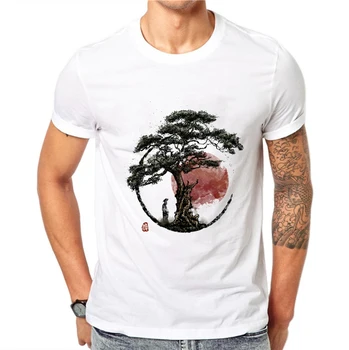 Sončni zahod V Huangshan T-shirt Moški Majica s kratkimi rokavi Kitajski Slog Tshirt Bombaž Bela Tees Borovih Tiskanja Odraslih Vrh Oblačila Ne Zbledi