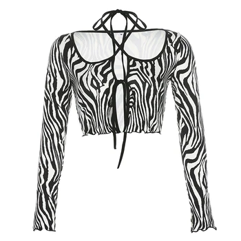 Rapcopter Zebra Natisnjeni T Shirt Čipke Povodcem Votlih Iz Seksi Obreži Zgoraj Dolgimi Rokavi Tshirt Ženske Ulične Clubwear Knitte Vrhovi