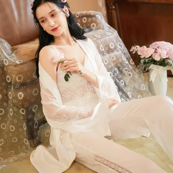 Žensk Pomlad Dolgo Sleeved Nightgown Set White Proti-Vrat Pižamo Loungewear Seksi Pijamas 3-kos Domov Oblačila Ledu Svile Sleepwear
