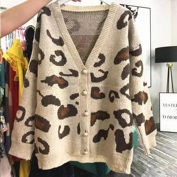 Ženske Puloverji Jeseni, Pozimi 2020 Modi Priložnostne Leopard Proti-Vrat Beloprsi Singl Puff Rokav Svoboden Brezrokavniki Plašč
