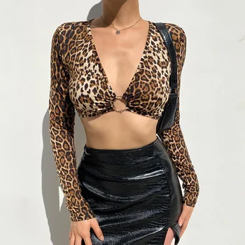 Moda Leopard Natisnjeni Backless Crop zgornji deli oblacil Ženske Seksi Dee Proti-vrat Dolg Rokav Tshirts Harajuku Letnik Y2K Estetske Tees Oblačila