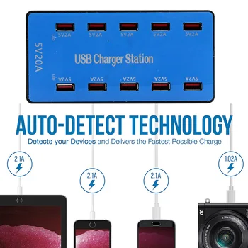 AIXXCO Polnilnik USB 100W 10 Vrata USB 20A Smart Namizni polnilno Postajo za 5 2.4 za Samsung Xiaomi iPad iphone x