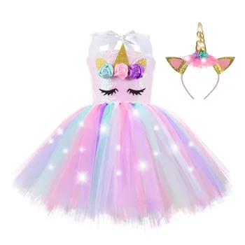 Dekle Samorog Obleke za Dekleta Tutu Princess Party Obleke z LED Luči Cvet Rojstni Cosplay Kostum za Dekleta, Obleka