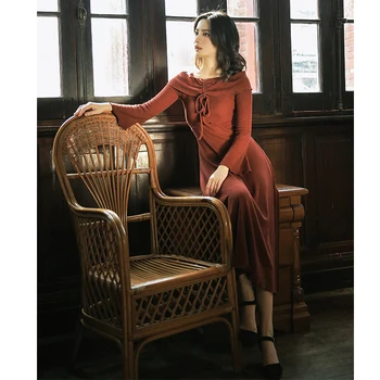 2018 nove modne ženske obleke jeseni poševnica vratu vino rdeče plesti obleko z dolgimi rokavi retro slim
