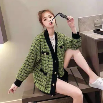 Pomlad jesen 2021 korejskem slogu plesti prevelik zeleno črni gumb gor kariran jopico ženske dolg rokav pletene vrhovi pulover c98