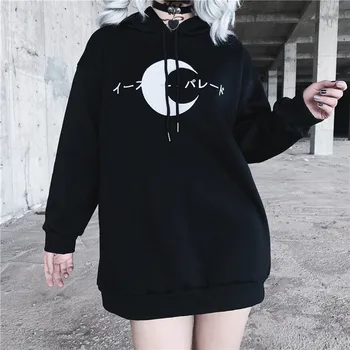 2019 Jeseni Hooded Ženske Gothic Dark Moon Vezenje Dolg Rokav Svoboden Majica Harajuku Punk Ulica Priložnostne Črn Pulover S Kapuco Dekleta
