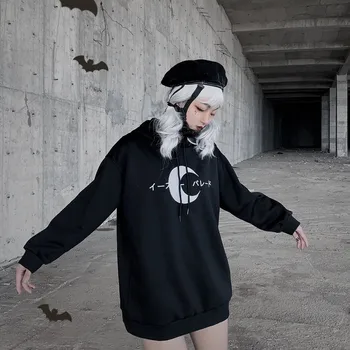 2019 Jeseni Hooded Ženske Gothic Dark Moon Vezenje Dolg Rokav Svoboden Majica Harajuku Punk Ulica Priložnostne Črn Pulover S Kapuco Dekleta
