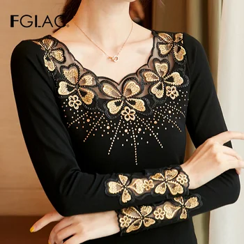 FGLAC ženska T-shirt Novo 2019 Jeseni Dolg rokav Očesa vrhovi Diamond vezeni Dobra elastičnost Plus velikost Ženske pokrovi in T-SHIRT