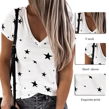 Ženske Poletne Svoboden Bombaž Puloverju Bluzo Priložnostne digitalni Zvezde, Natisnjeni V Vratu, Kratke Rokave Plus Velikost T-Shirt