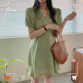 2020 Poletje Srčkan Mini Obleke Japonski Korejski Preppy Stil Datum Dekleta Flhjlwoc Design Zelena, Roza Lok Kravato V Vratu Sweet Oblačenja 4309