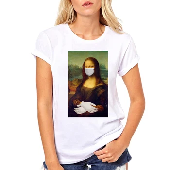 Hipster Označena Mona Lisa Tiskane Majice Kratek Rokav Tees Smešno Vrhovi TEEHUB Nov Prihod Mona Lisa Z Masko Ženske T-Shirt