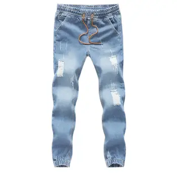 Moški Modni Jeans Vrvico Slim Denim Gleženj Dolžina Jogging Hlače Priložnostno Ulične Suh Uničeno Raztrgala Design Hlače