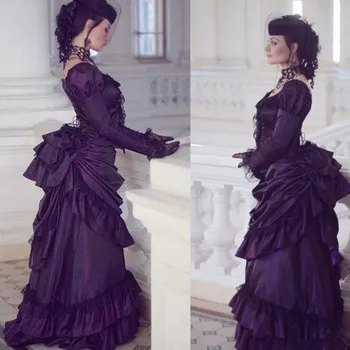 2020 Viktorijanski Gothic Vijolična Prom Obleke Retro Kraljeve Hiše Žogo Vojvodinja Stranka Halje Z Dolgimi Rokavi Čipke Ruched Renaissance Aristo