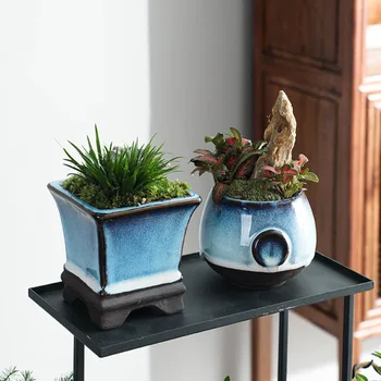 Keramična Vaza Tianmu Glaze Modra Bonsaj Pot Le Vaza brez Rastlin Dihanje Posoda za Office Balkon, Vrt Dom Dekor