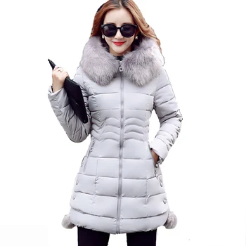 2020 Korejski Mid-Dolgo Big Krzno Ovratnik Slim Parkas Ženske Zimske Hooded Suknjič Topel Plašč Ženski Dol Bombaž Parka Debele Vrhnja Oblačila