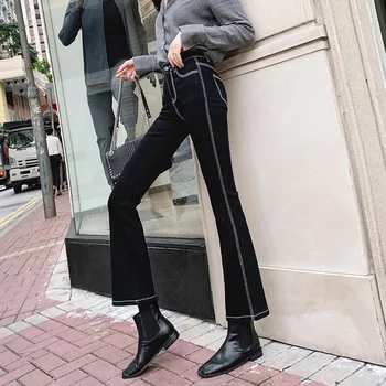 Vintage Black Oblikovalec Flare Kavbojke 2020 Ženske Dnu Traper Hlače Slim Mozaik Visoko Pasu Hlače Ženske skinny Jeans Hlače