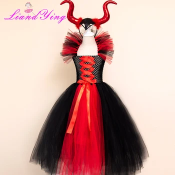 Maleficent mačehe Dekleta Tutu Obleko z Rogovi Halloween Cosplay Čarovnice Kostum za Otroke Stranka Obleko Otroci Oblačila