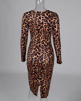 Leopard Natisniti Dolg Rokav Bodycon Obleka Ženske, Slim Fit, Seksi Obleko Stretchy