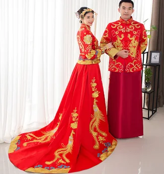 Kitajski slog kažejo Kostum zmaj obleke večerno obleko neveste poročen cheongsam obleko vlak Su Vezenje Kitajska Par Poroko Obrabe