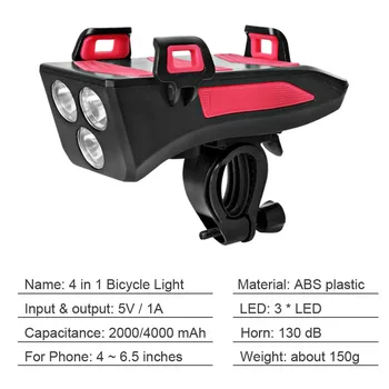 Multi-funkcija 4 v 1 Izposoja Svetlobe USB Polnilne T6 Kolo LED Smerniki Rog Držalo Moči Banke 4000 mah MTB Prednja Luč